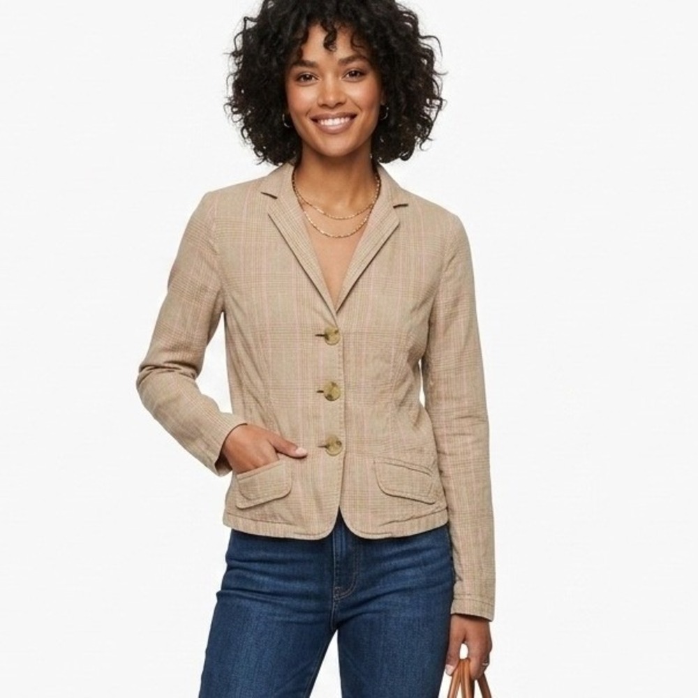 American Eagle Blazer Tan Pink Plaid Stretch Cotton Jacket - Medium